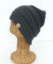 Men Women's Charcoal Gray Knit Winter Beanie Hat Soft Stretch Baggy Cap  L