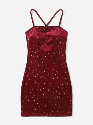 Burgendy Galaxy Gold Star Print Lace Up Back Velvet Dress Size Large