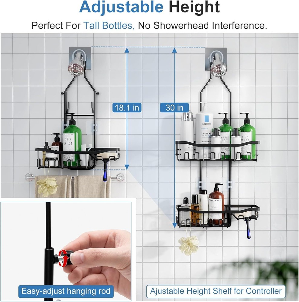 Shower Caddy, Upgraded Extended Length Caddy Over X-Large, Black