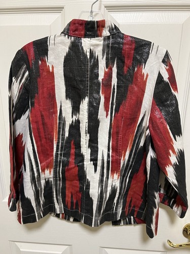 Chico’s Women’s 0 (S) Red Black White Linen Blend Shimmer Open Jacket 3/4 Sleeve - Picture 10 of 10