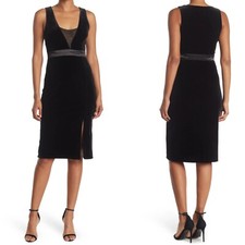 NEW NSR Black MESH DETAILING Fitted VELVET Midi COCKTAIL Evening DRESS M