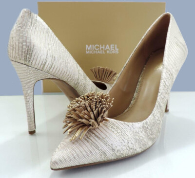 MICHAEL KORS LOLITA PUMP METALLIC GOLD POM WOMEN'S LEATHER SLIP ON HEELS  SHOES