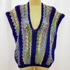 Handmade Crochet Open Knit Deep V Neck Sweater Vest Sz M Purple Boho Granny Core