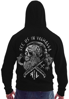See Us in Valhalla Herren Sweatjacke Wikinger Zip Hoodie Kapuze Viking Streitaxt
