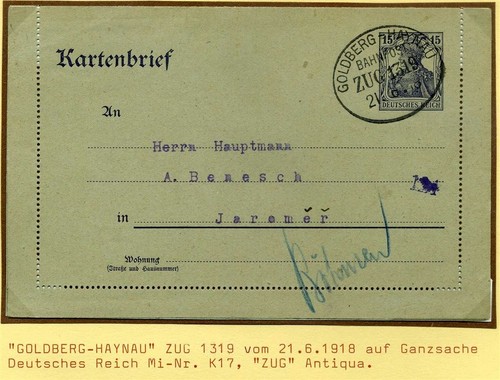 121747) Bahnpost Oval Goldberg-Haynau 1918 auf GA-Kartenbrief des DR