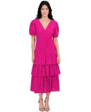 Kensie Women's Emboridered Layered Puff-Sleeve Maxi Dress - Hot Pink Size 10 NWT
