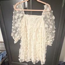 STORIA Ivory Floral Lace Square Neck Lined Puff Long Sleeve Mini Dress S