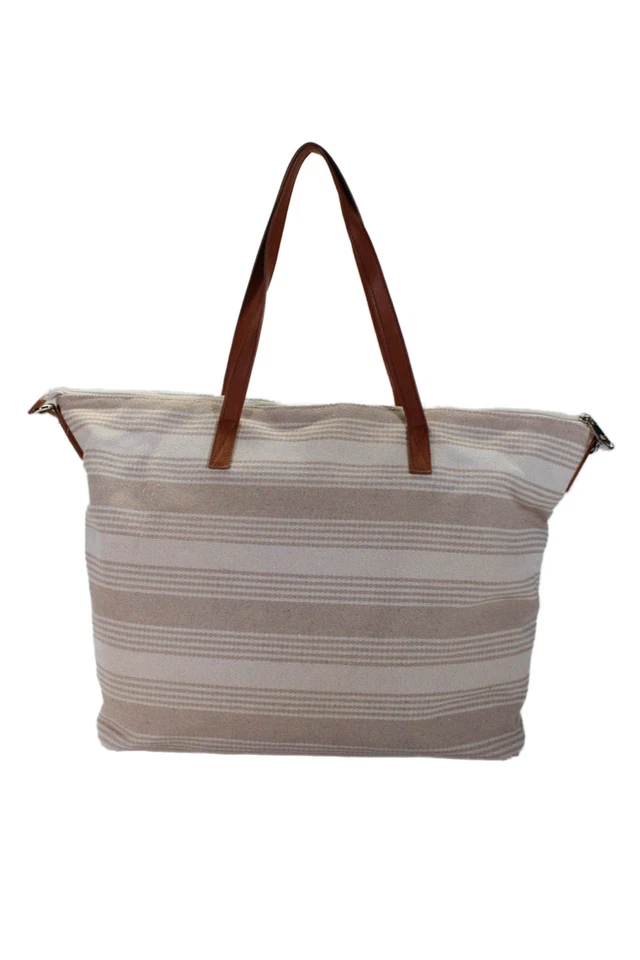 Bolso de hombro grande Madden Girl para mujer con cierre de cremallera a rayas beige blanco Foto 3 de 4