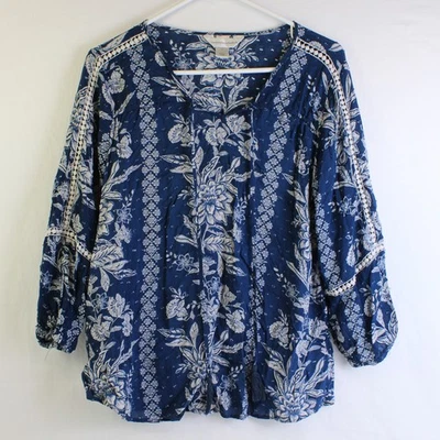 Christopher & Banks Blouse Femme Bohème À Fleurs Bleue, Taille M - Photo 1/4