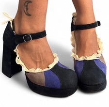 Vintage Rin Tin Tin Block Heels Size 10/11 Blue Suede Shoes Leather