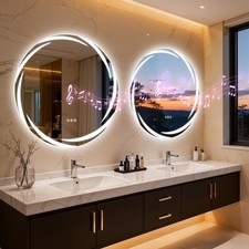 32" Round LED Bathroom Mirror with Lights Bluetooth Wall Vanity Mirror Anti-Fog