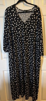 Ulla Popken Women 3/4 sleeve Polka Dot Maxi Dress Pockets Black  Size 32/34 (8)