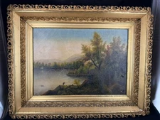 Rare Antique Hudson River School Oil Painting 12 1/2" x 18" in Gilt Frame