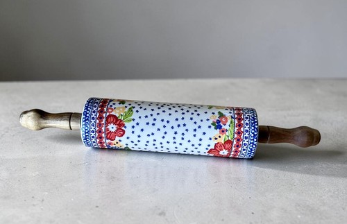 Pioneer Woman Ceramic Rolling Pin Dazzling Dahlias Retired Acacia Wood Handles