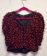 1980s Black And Red Ribbon Taffeta Top UK 10