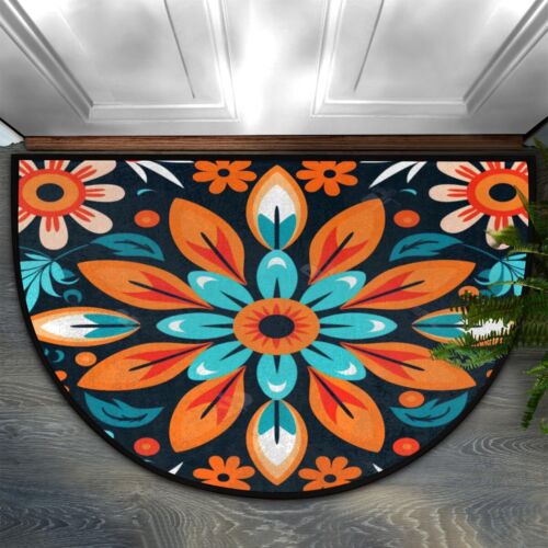 Mandala Flower Half-Round Doormat Washable Semi-Circle Absorbent Rug