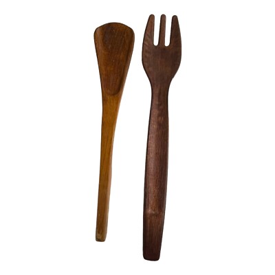 2 Pcs Wooden Spoon Fork Dinnerware Set Long Wood Spoon Fork VTG Set Dessert 12''