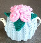 KNITTED TEA COSY PINK  ROSES ON PASTEL BLUE COSY  NEW SMALL 2 CUP POT SIZE