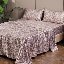 3/4Pc Satin Sheet Set Deep Pocket Leopard Pattern Luxury Bed Sheets Wrinkle Free