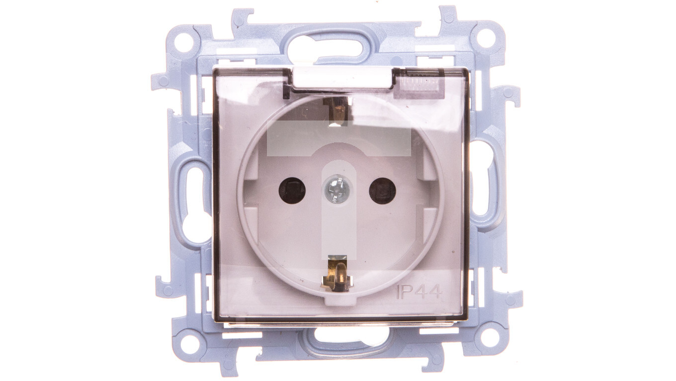 Simon 10 Single SCHUKO socket with a seal and cover flap trans. white 16A /T2UK