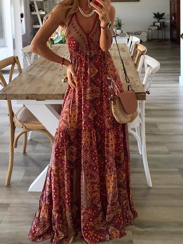 Elegante abito vestito morbido lungo boho bohemian rosso morbido hippie  5274 | eBay