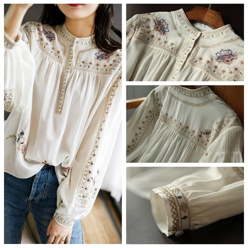 Dama Bordada Floral Blusa Camisa Prendas para el torso Suelta Étnica Retro Elegante Elegante - Imagen 2 de 12