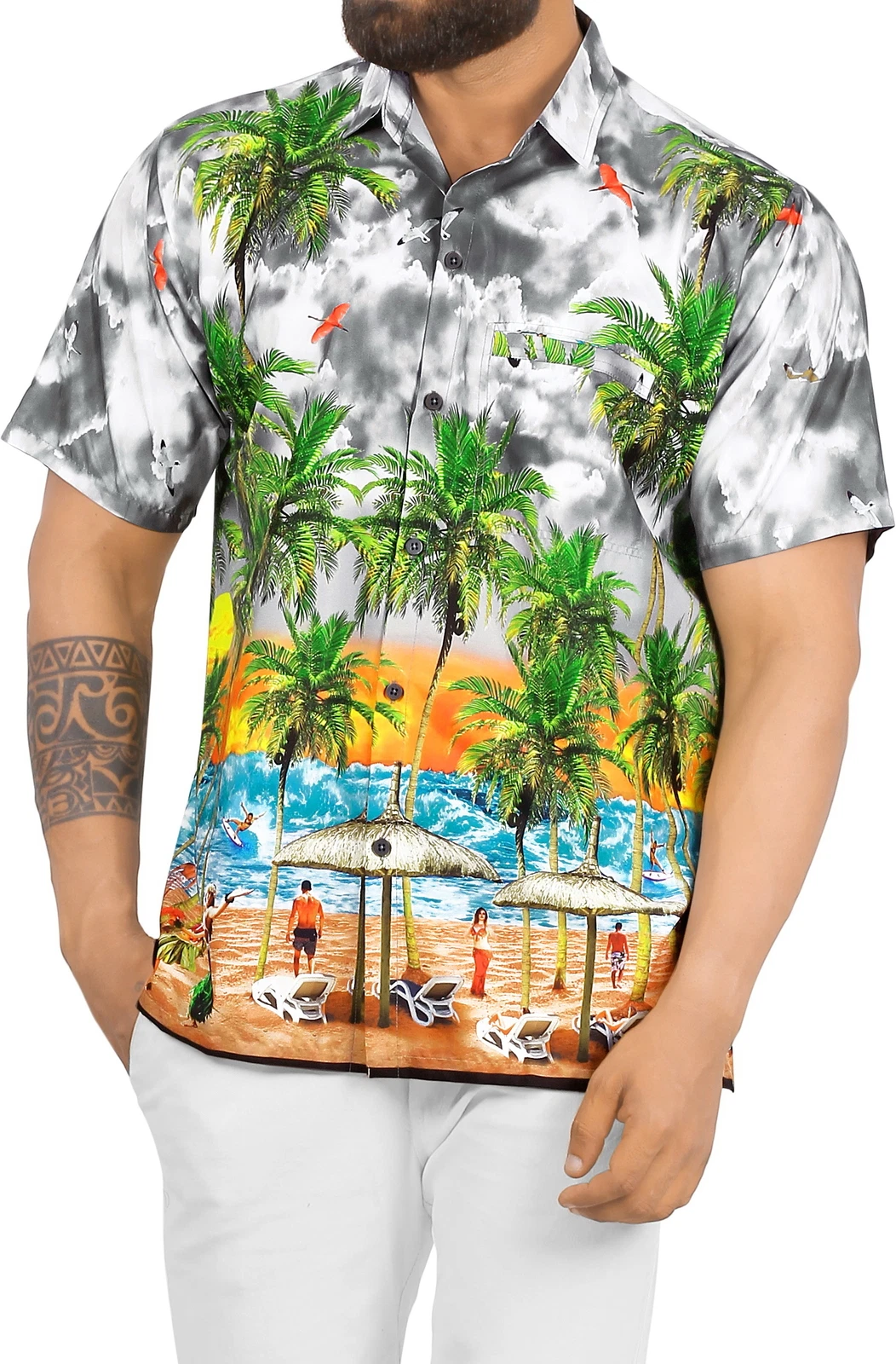 LA LEELA Mens Hawaiian Short Sleeve Button Down Shirts M Water Surfing, Grey