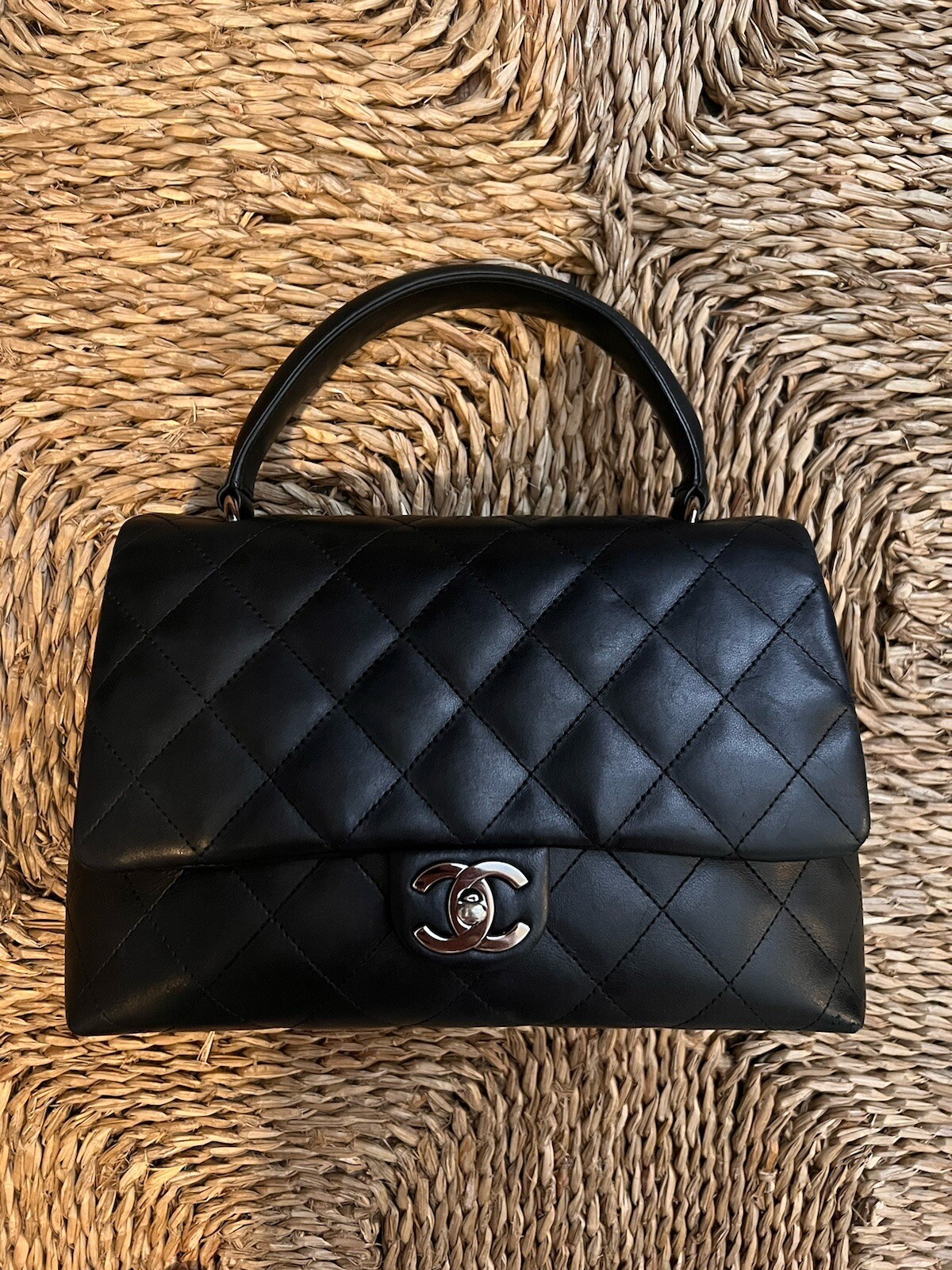 Authentic Chanel Classic Flap Bag w/ top handle. Lambskin W/ Silver Hardware.