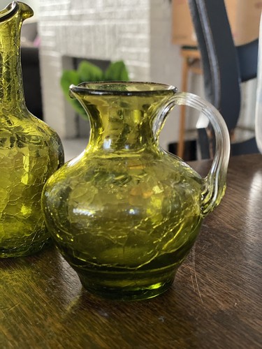 Set Of Two Pilgrim Green Crackle Glass Creamer, Mini Pitchers - Picture 3 of 5
