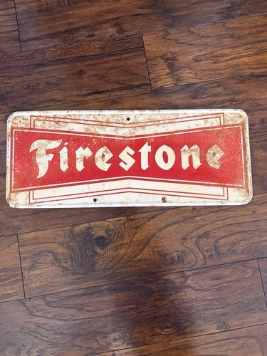 VTG FIRESTONE TIRE SIGN OIL & GAS STATION METAL ADV SIGN LARGE BOW TIE 25”x10”
