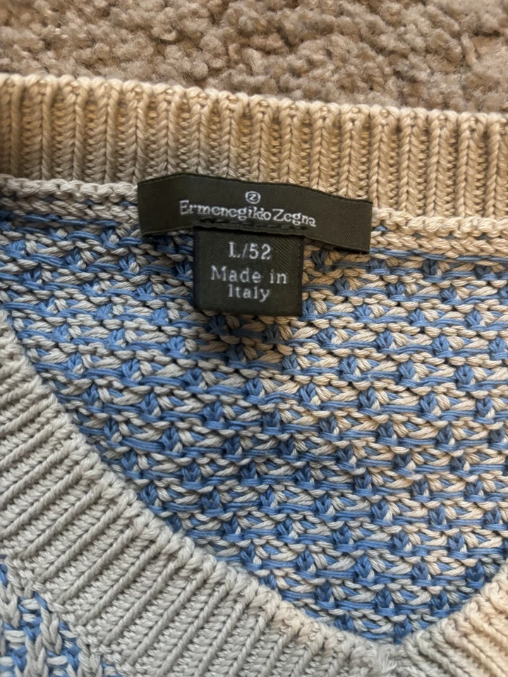 Suéter De Colección Ermenegildo Zegna Para Hombres Grande Azul Marfil Tejido Algodón Cuello en V Foto 2 de 3