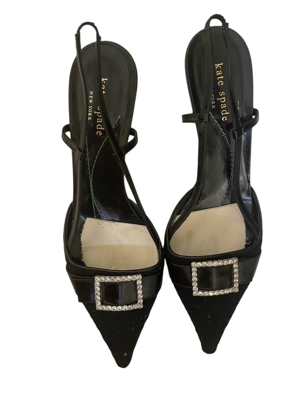 Kate Spade evening  dressy black tie crystal  pointy toe kitten heel shoes Sz 8