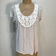 Jolt Women XL Cream With White Sheer Lace Detail Short Sleeve Top