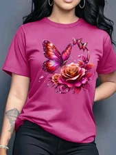 Vibrant Women's T-shirt with Rose and Butterfly