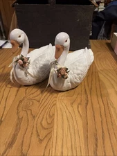 2 Vintage Swans White With Flowers Around The Neck 8 Inch Tall And 9 Inches L