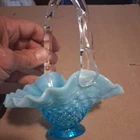 Vintage Fenton Blue Hobnail Glass Basket Opalescent Ruffled Art Glass decor 6"