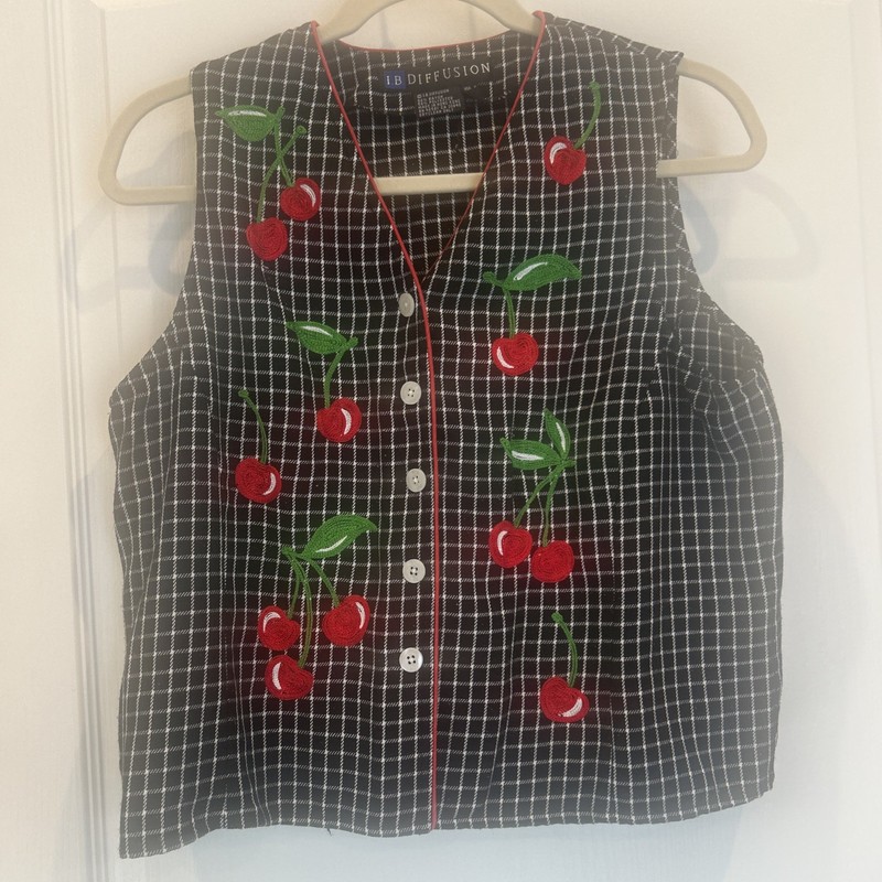 Vintage I B Diffusion Black White Plaid Vest Beautiful Sewn Cherries Size 8