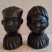 2 x Vintage Naive African Wooden Hand Carved Heads, Busts, Sculpture, Art- 21cm