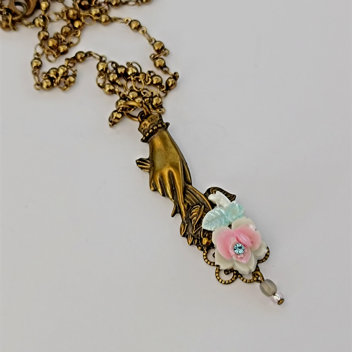 Michal Negrin Necklace Hand Holding Flowers Victorian Revival