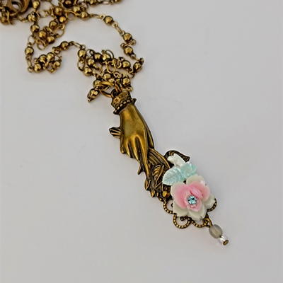 Michal Negrin Necklace Hand Holding Flowers Victorian Revival