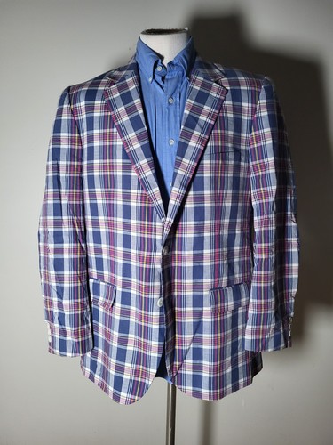 Alan Flusser 44R Madras Blue Pink Yellow Plaid Cotton Jacket Sport Blazer Coat - Picture 4 of 8