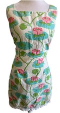 VTG Lilly Pulitzer Linen Dress 6 Frogs In Lily Pads Shift Lace Flower RARE 90s