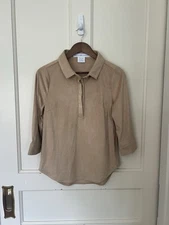 Gretchen Scott Faux Suede Collared Blouse Womens Size Small Tan Classic Soft