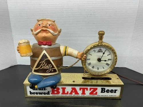 Vtg Metal 1950s Blatz Beer Barrel Man Advertising Bar Lighted Sign & Clock Works