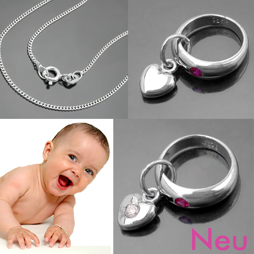 MäDchen Rubin Taufring Mit WeißEn Zirkonia Herz AnhäNger & Kette Echt Silber 925-image