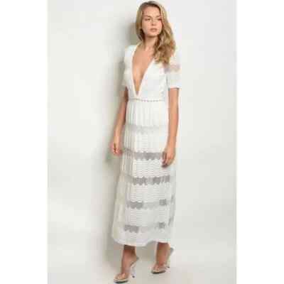 Maxi Lace Sheer Overlay Dress in White Small New Short Sleeves | eBay