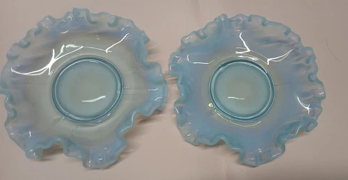 Vintage Fenton Pair Aqua Blue Opalescent Ruffled Glass Dish /Ashtray Collectible