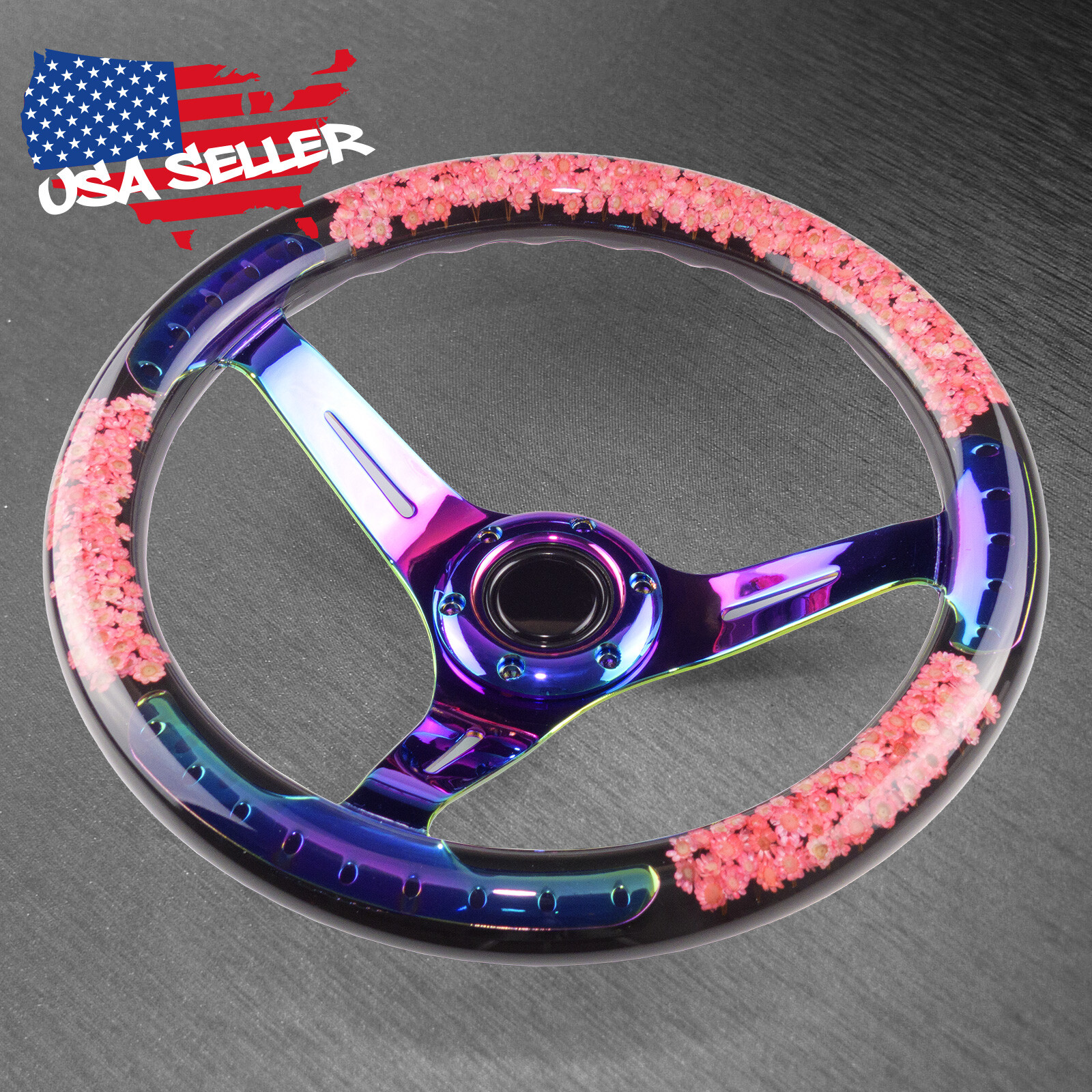 Pink Flower Crystal Steering Wheel 6-Holes 345mm Burnt Spoke Deep Dish Racing