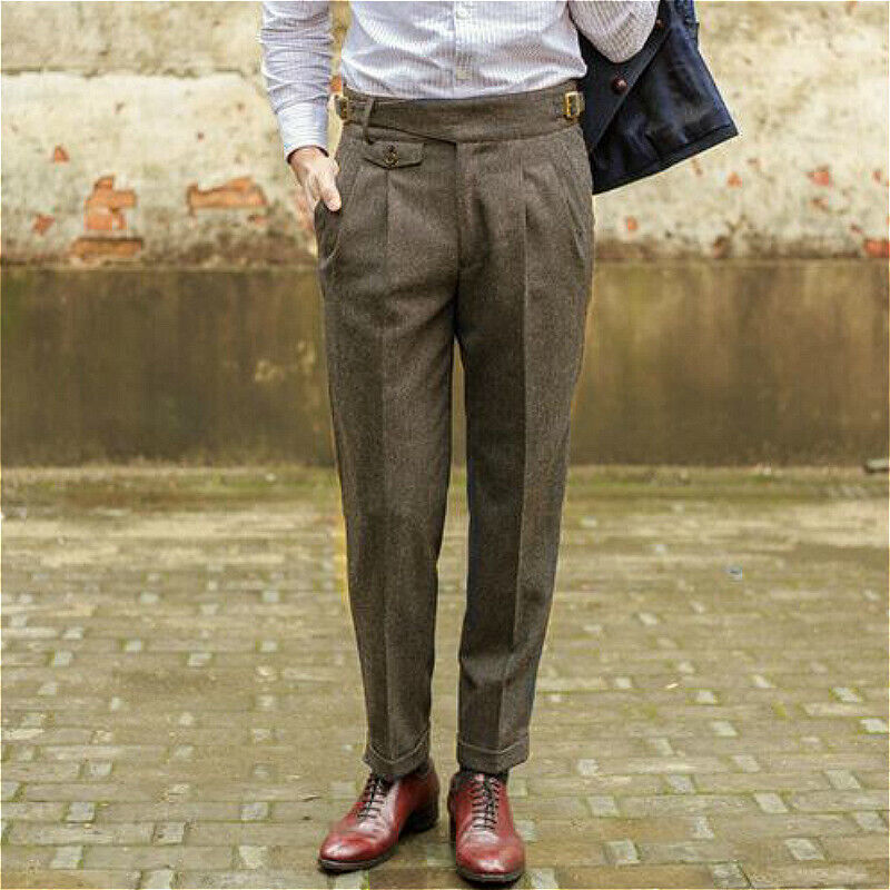 Men's Wool Blend Herringbone Pants Retro Tweed Trousers High End Suit  Bottoms