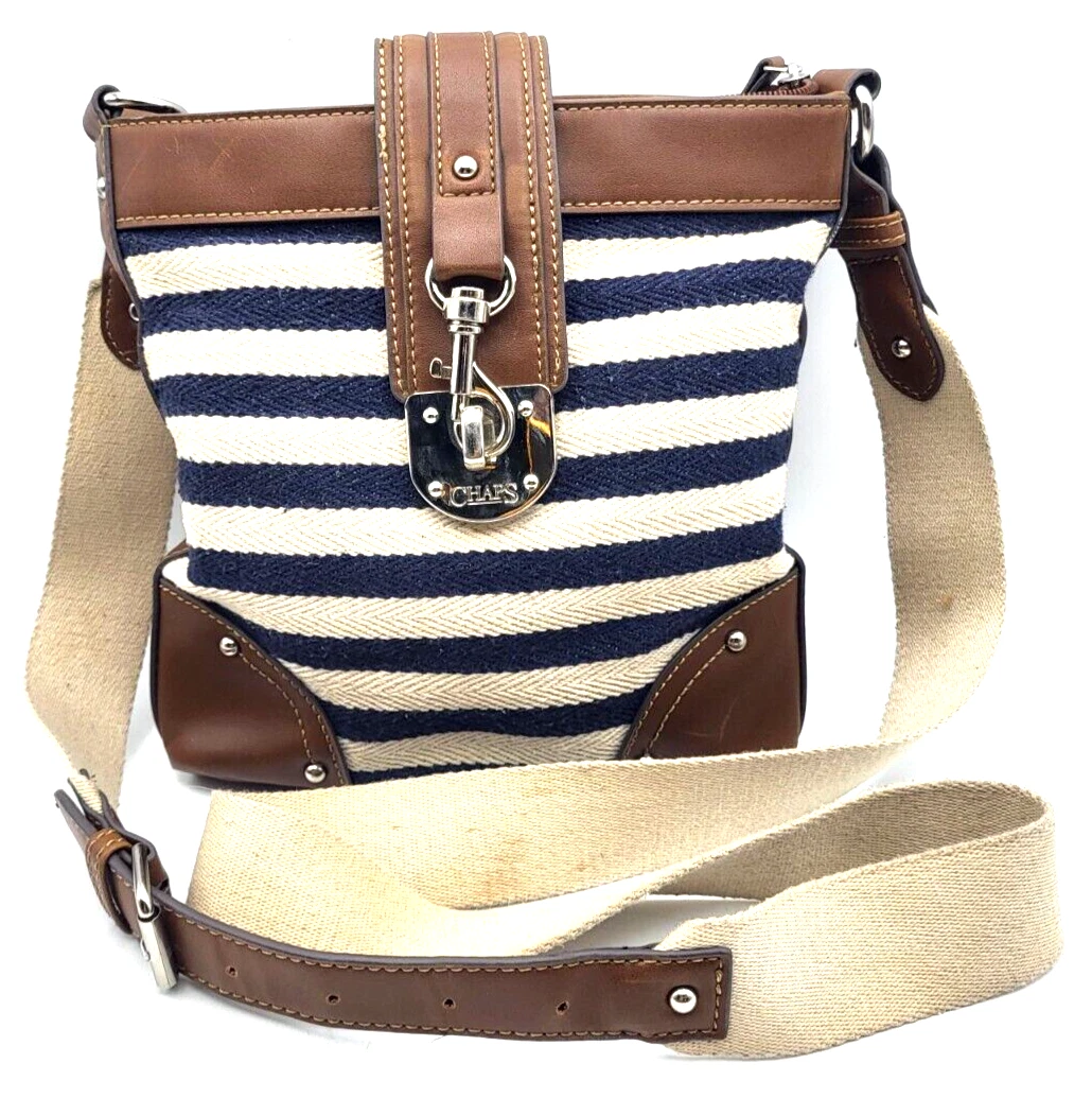 CHAPS Crossbody Shoulder Bag Purse Striped Navy Cream Canvas Vegan Leather 9x9x2